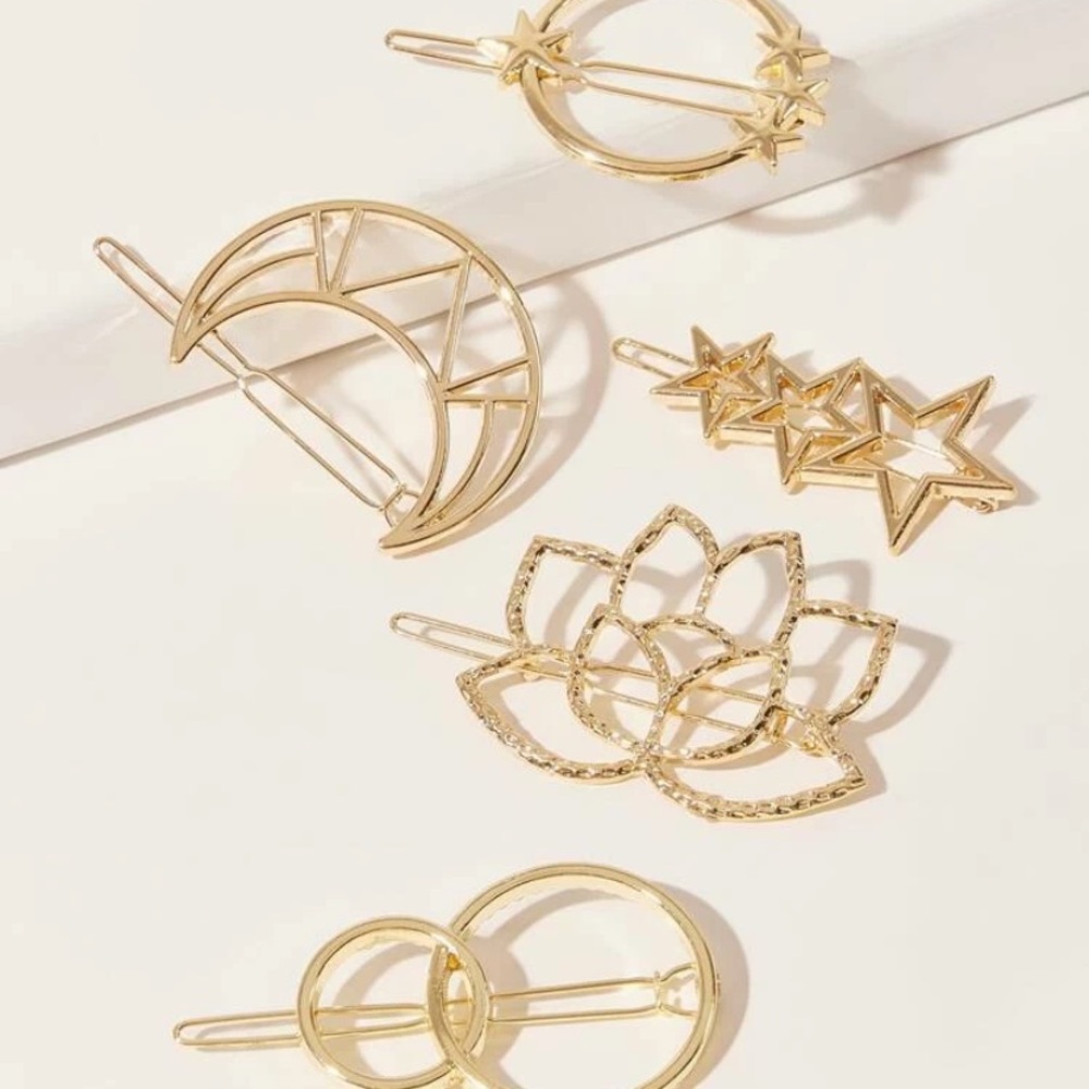 BUNDLE OF 5 MOON AND CIRCLE HAIR CLIPS IN GOLD